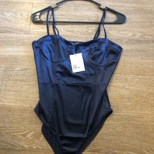 Forever 21 Satin Bustier Bodysuit, Medium, Color Midnight